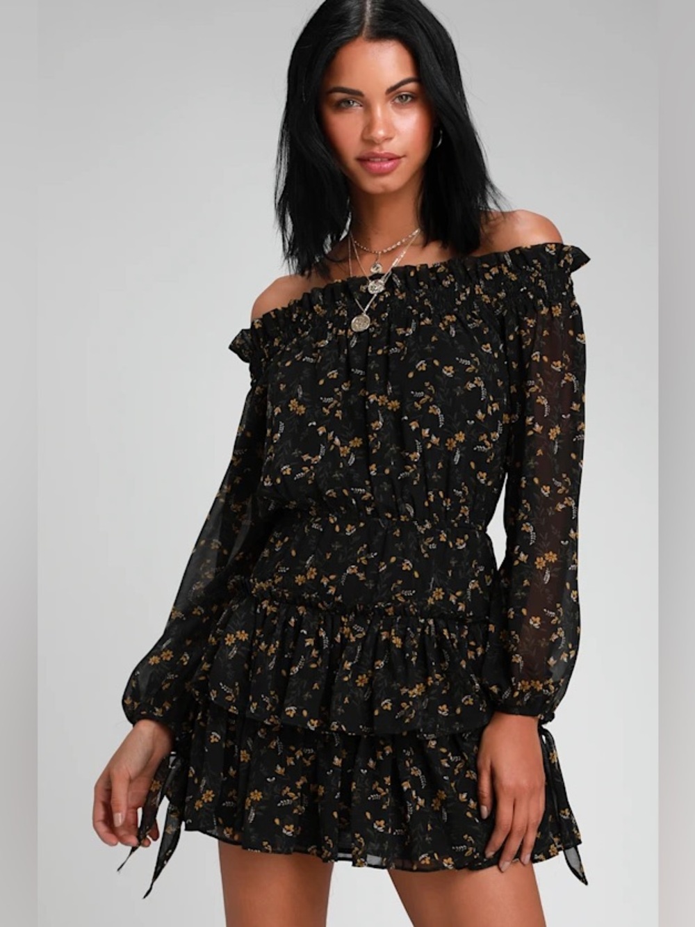 Lulus Benson Black Floral Print Off-the-Shoulder Ruffled Skater Dress